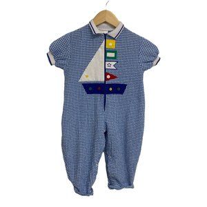 Vintage Baby Toys Baby Boy's Short Sleeve Blue Checked Jumpsuit Size 24M